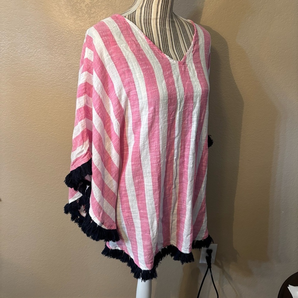 Mud Pie Coverup Pink White Striped Black Fringe Beach Swim Poncho Cotton - Picture 5 of 16